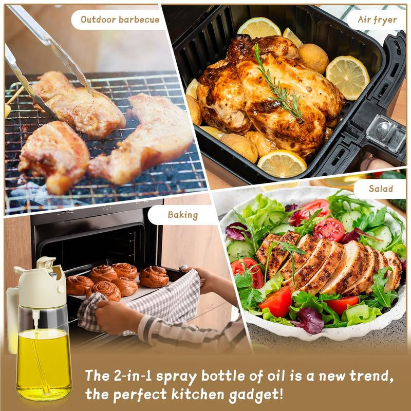 Oil Sprayer for Cooking 2Pcs,2 in 1 Oil Dispenser and Oil Sprayer Kitchen Gadgets-16Oz Glass Oil Spray Bottle,Mist Olive Oil Dispenser for Kitchen,Air Fryer,Salad, Grill (White Kitchen Accessories)