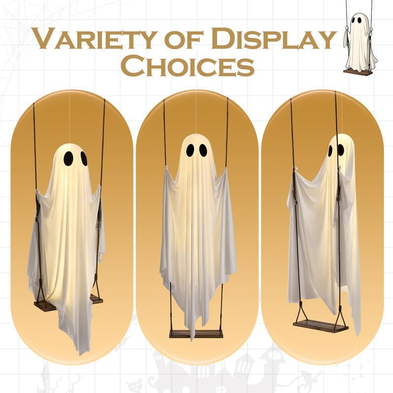 Halloween Decorations Outdoor - 5FT Large Hanging Ghost Swing with Remote Control String Lights, Scary Ghost Halloween Party Decor outside for Tree Porch Yard Garden Lawn Ornaments with String Lights