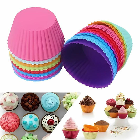 12 Silicone Cake Muffin Cupcake Liners - Baking Cups & Chocolate Cookie Molds Colorful Baked Set Tin