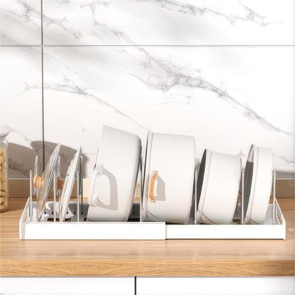 Expandable Pot and Pan Organizer Rack for Cabinet, Pot Lid Organizer Holder with 7 Stainless Steel Adjustable Dividers – Durable Rust-Resistant Storage for Cookware, Bakeware, Small Kitchen, Apartment & RV Organization，Kitchen Accessories