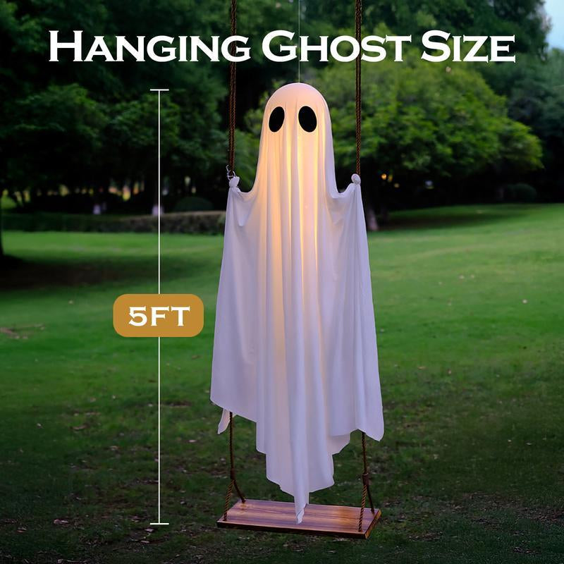 Halloween Decorations Outdoor - 5FT Large Hanging Ghost Swing with Remote Control String Lights, Scary Ghost Halloween Party Decor outside for Tree Porch Yard Garden Lawn Ornaments with String Lights