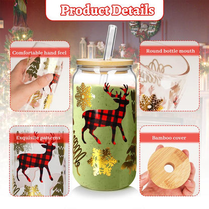 ANOTION Christmas-Themed Glass Cup Set - 18Oz with Bamboo Lids, Adorable Reindeer, Gingerbread Man, and More Designs | Perfect Holiday Gift