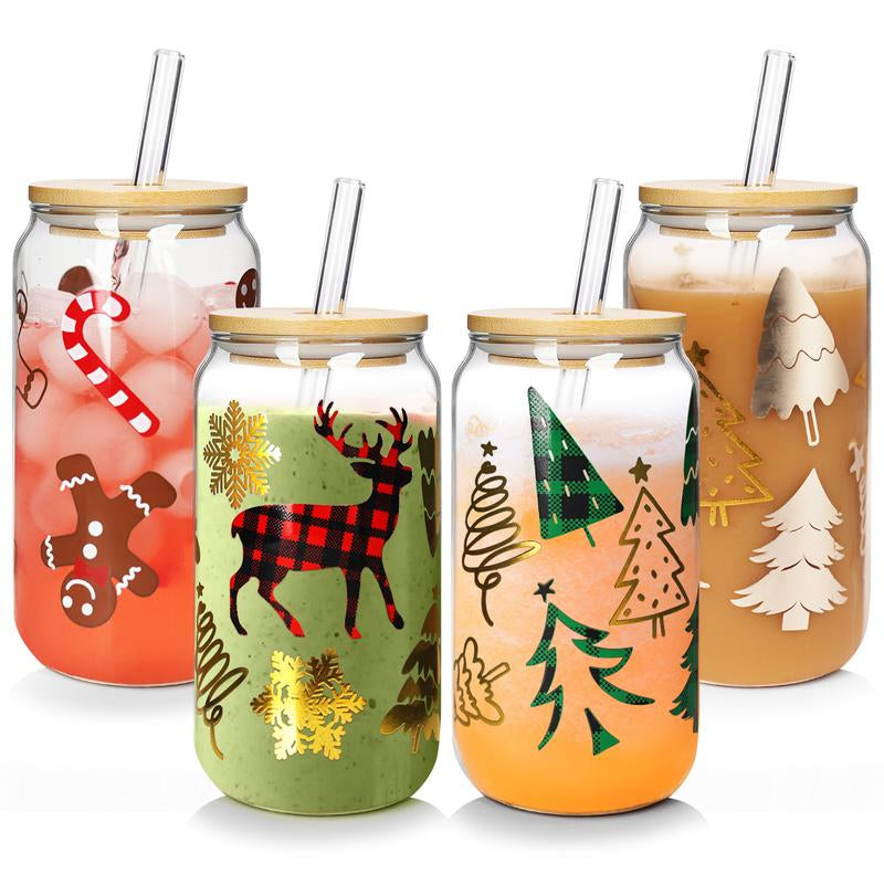 ANOTION Christmas-Themed Glass Cup Set - 18Oz with Bamboo Lids, Adorable Reindeer, Gingerbread Man, and More Designs | Perfect Holiday Gift
