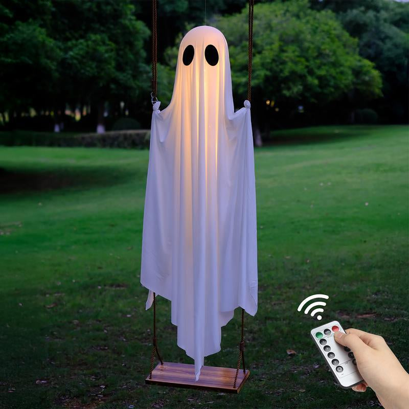 Halloween Decorations Outdoor - 5FT Large Hanging Ghost Swing with Remote Control String Lights, Scary Ghost Halloween Party Decor outside for Tree Porch Yard Garden Lawn Ornaments with String Lights