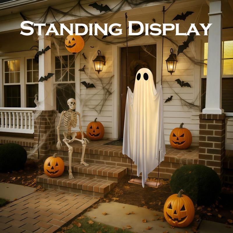 Halloween Decorations Outdoor - 5FT Large Hanging Ghost Swing with Remote Control String Lights, Scary Ghost Halloween Party Decor outside for Tree Porch Yard Garden Lawn Ornaments with String Lights