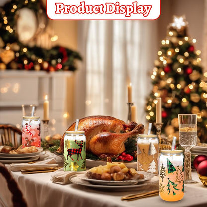 ANOTION Christmas-Themed Glass Cup Set - 18Oz with Bamboo Lids, Adorable Reindeer, Gingerbread Man, and More Designs | Perfect Holiday Gift