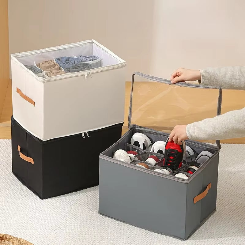 Multifunctional Grid Storage Shoe Box Cross-Border Foldable Fabric with Cover Dustproof and Washable Sundries Storage Box