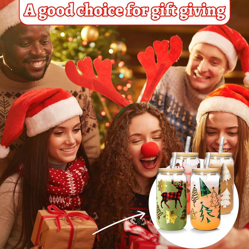 ANOTION Christmas-Themed Glass Cup Set - 18Oz with Bamboo Lids, Adorable Reindeer, Gingerbread Man, and More Designs | Perfect Holiday Gift