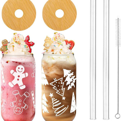 ANOTION Christmas-Themed Glass Cup Set - 18Oz with Bamboo Lids, Adorable Reindeer, Gingerbread Man, and More Designs | Perfect Holiday Gift