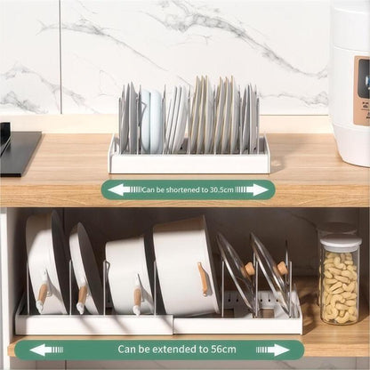 Expandable Pot and Pan Organizer Rack for Cabinet, Pot Lid Organizer Holder with 7 Stainless Steel Adjustable Dividers – Durable Rust-Resistant Storage for Cookware, Bakeware, Small Kitchen, Apartment & RV Organization，Kitchen Accessories