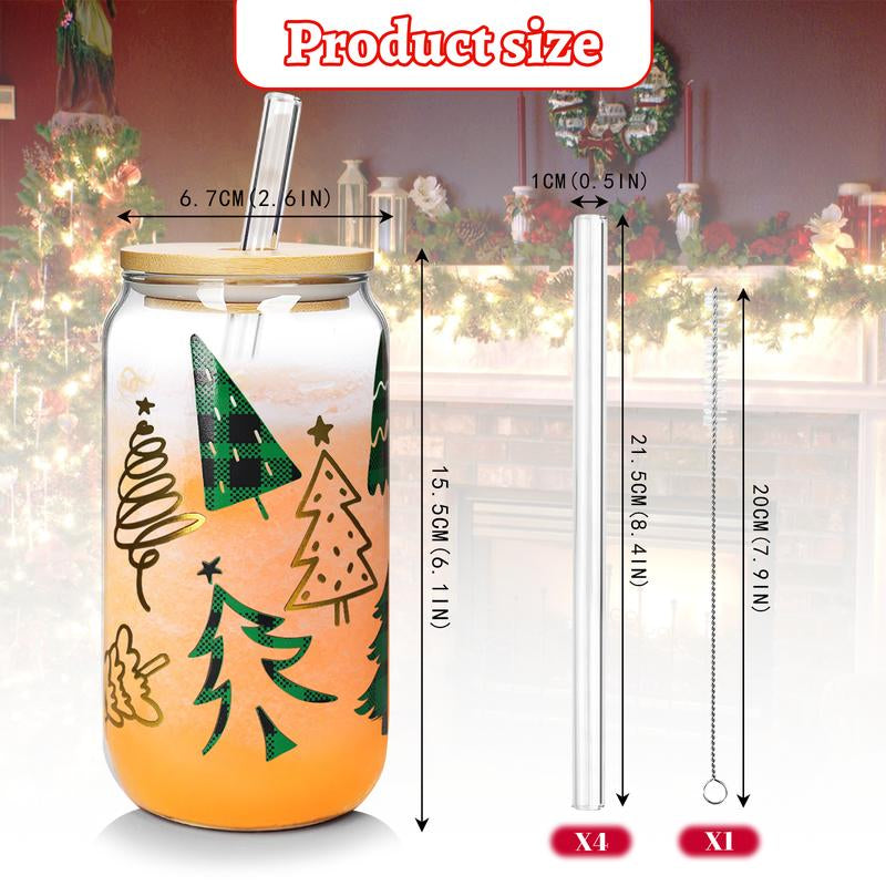 ANOTION Christmas-Themed Glass Cup Set - 18Oz with Bamboo Lids, Adorable Reindeer, Gingerbread Man, and More Designs | Perfect Holiday Gift