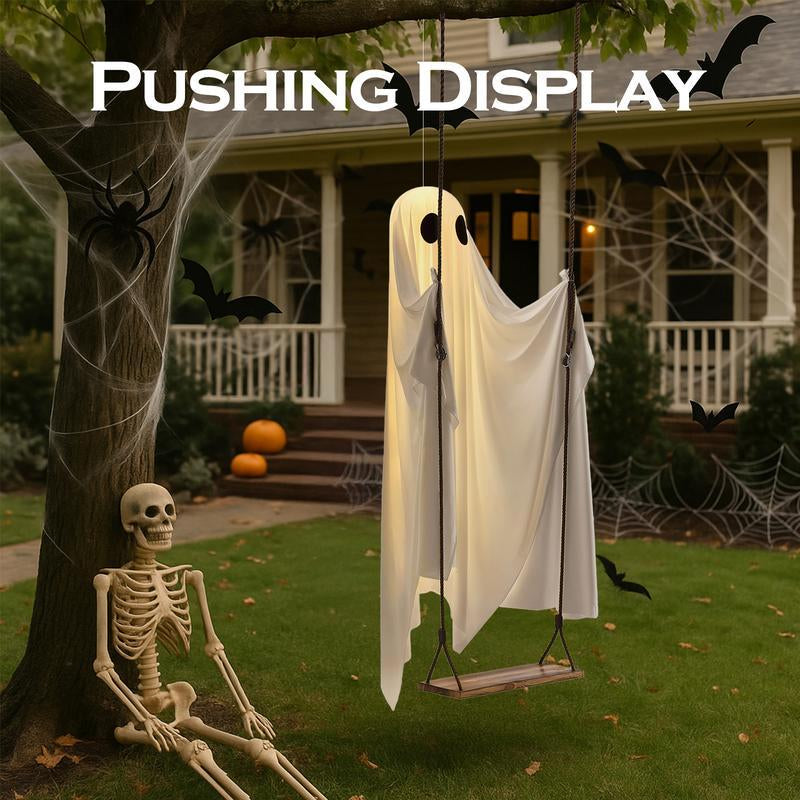 Halloween Decorations Outdoor - 5FT Large Hanging Ghost Swing with Remote Control String Lights, Scary Ghost Halloween Party Decor outside for Tree Porch Yard Garden Lawn Ornaments with String Lights