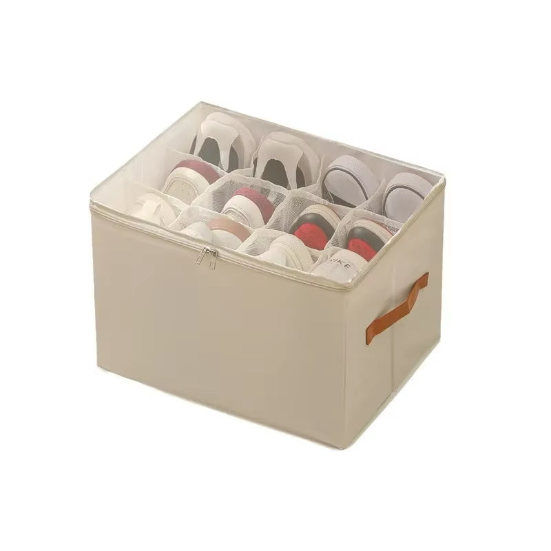 Multifunctional Grid Storage Shoe Box Cross-Border Foldable Fabric with Cover Dustproof and Washable Sundries Storage Box
