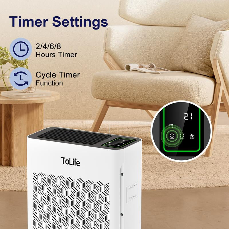 Tolife NEW - TZ-K2 Air Purifier (Covers up to 1095 Sq Ft) - HEPA Filter, Removes Smoke, Pollen, Pet Dander, PM2.5 Display, Auto Mode, Timer, Ideal for Large Rooms