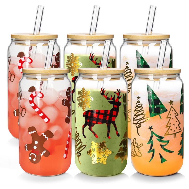 ANOTION Christmas-Themed Glass Cup Set - 18Oz with Bamboo Lids, Adorable Reindeer, Gingerbread Man, and More Designs | Perfect Holiday Gift