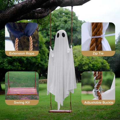 Halloween Decorations Outdoor - 5FT Large Hanging Ghost Swing with Remote Control String Lights, Scary Ghost Halloween Party Decor outside for Tree Porch Yard Garden Lawn Ornaments with String Lights