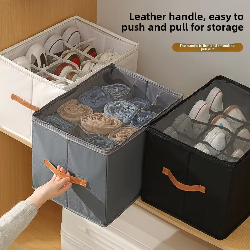 Multifunctional Grid Storage Shoe Box Cross-Border Foldable Fabric with Cover Dustproof and Washable Sundries Storage Box