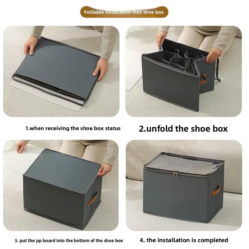 Multifunctional Grid Storage Shoe Box Cross-Border Foldable Fabric with Cover Dustproof and Washable Sundries Storage Box
